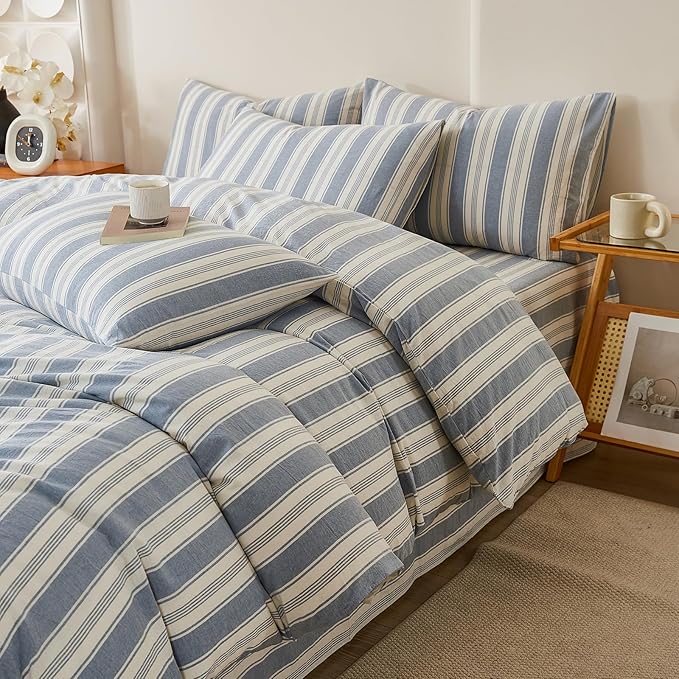 LifeTB Vintage Striped Duvet Cover Set Queen, 100% Washed Cotton Blue White Stripes Pattern Printed Comforter Cover, 3 Pieces Cotton Striped Bedding Set Breathable Duvet Cover with 2 Pillowcases