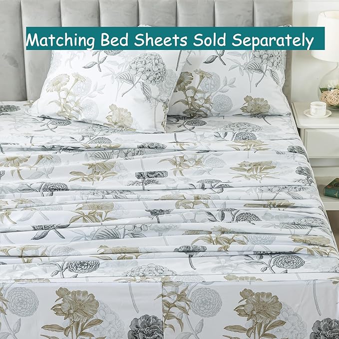 FADFAY Floral Duvet Cover Sets Queen Size 100% Cotton Ink Grey Vintage Flower Patterned Hydrangea Comforter Cover Farmhouse Bedding for All Season Soft Crisp Luxury Bed Cover with Zipper 3 Pieces