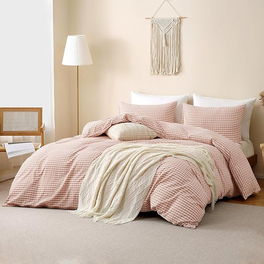 TOCOMOA Pink Tan Gingham Duvet Cover Bedding Set 100% Washed Cotton Like Linen Feel Super Soft Comfy 3 Piece Vintage Plaid Checkered Fall Comforter Cover Set (Queen 90"x90", Comforter Not Included)