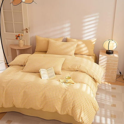 EAVD Yellow Plaid Comforter Set Queen Modern Gingham Comforter Set 3 Pieces Reversible Grid Plaid Bedding Set with 2 Pillowcases Farmhouse Gingham Bedding Set for All-Season