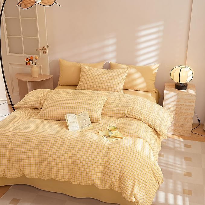 EAVD Vintage Style Yellow Plaid Comforter Set King Soft 100% Washed Cotton Modern Grid Checkered Plaid Bedding Set with 2 Pillowcases Farmhouse Gingham Comforter Set for All-Season