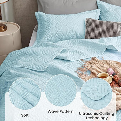 Love's cabin Quilts for Full Bed Light Blue Bedspreads Bedding Set - Lightweight Bedspread Comforter - Wave Pattern Bedding Coverlet for All Season - 3 Pieces (1 Quilt, 2 Pillow Shams)