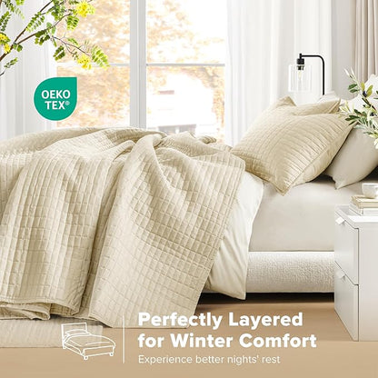 Comfort Spaces Ivory Oversized Queen Quilt Set 102"x118" Bedspread Quilted Summer Lightweight Microfiber Bedding Coverlet with Double Sided Stitching Soft All Season Cozy 3 Piece with Matching Shams