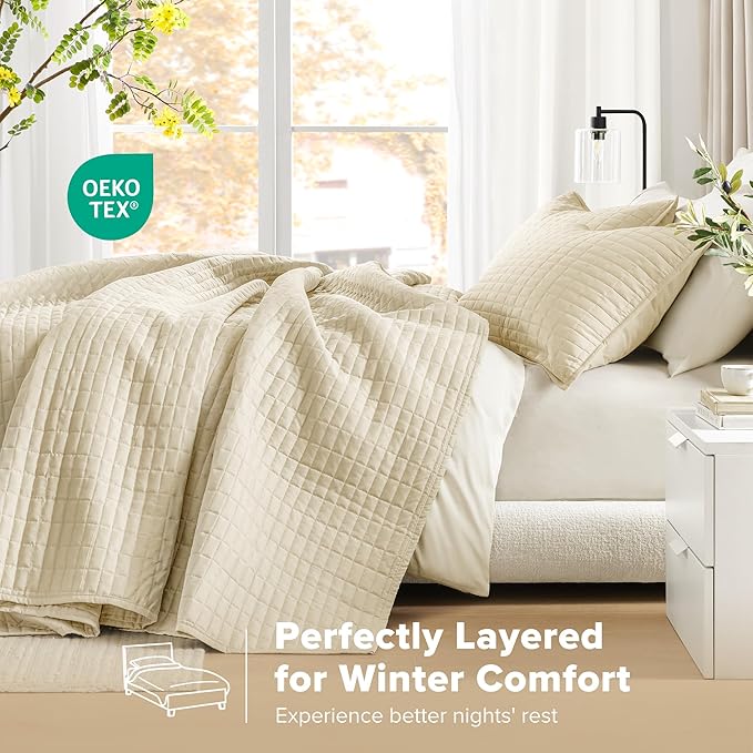 Comfort Spaces Ivory Oversized King Quilt Set 120"x118" Bedspread Quilted Summer Lightweight Microfiber Bedding Coverlet with Double Sided Stitching Soft All Season Cozy 3 Piece with Matching Shams
