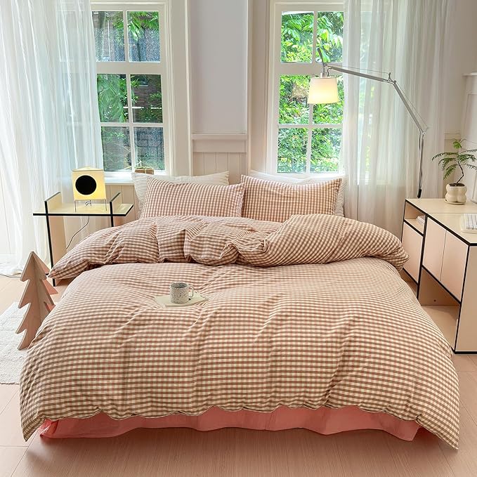 LifeTB Pink Gingham Duvet Cover Twin 3 Pieces Pink Plaid Duvet Cover 100% Washed Cotton Bedding Boho Coral Grid Comforter Cover Farmhouse Checkered Gingham Bedding Set with 2 Pillowcases