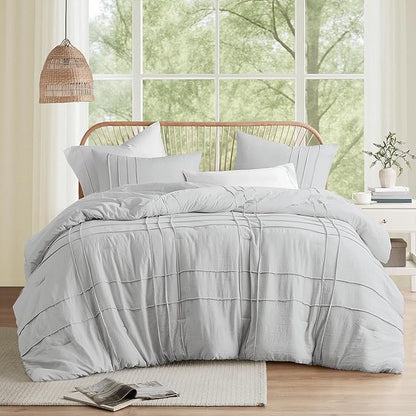 Comfort Spaces Silver Full Size Comforter Set - 3 Pieces Pintuck Pleated Bedding Sets, All Season Lightweight, Extra Softness Pre-Washed Microfiber Full Bed Set, Shams, Full