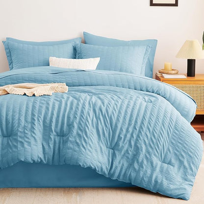 CozyLux Queen Comforter Set Sky Blue Seersucker 7 Pieces Bed in a Bag Queen Comforter Set with Sheets, Luxury Bedding Sets with Down Alternative Comforter, Sheets, Pillowcases & Shams All Seasons