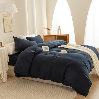 ECOCOTT Navy Blue Duvet Cover Oversized King Size - 100% Washed Cotton Durable Soft Comfy Bedding Set, 3 Pieces Duvet Cover with Zipper Closure (Navy Blue, 120"x 98")