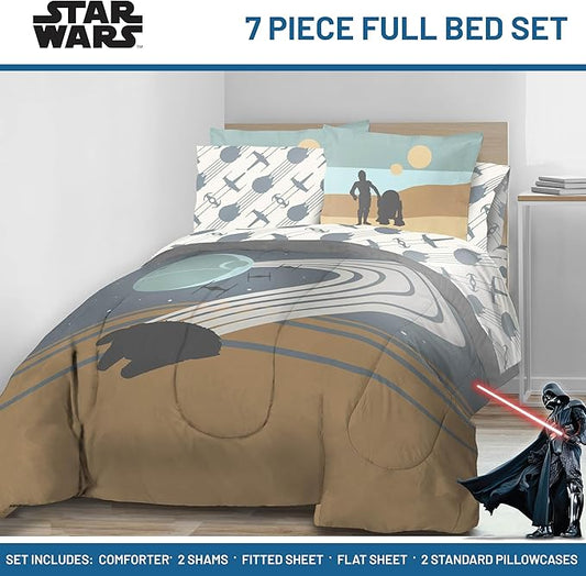 Jay Franco Star Wars Full Size Comforter Set - 7 Piece Bedding Includes Sheet Set & Pillow Covers - Super Soft Cozy Bedding with Death Star and Millennium Falcon