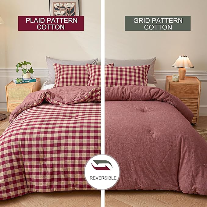 Cyusri Cotton Plaid Queen Comforter Set - Soft Lightweight Bedding 3 Pieces Dyed Bed Set with 2 Pillow Shams,Reversible All Season Farmhouse Down Alternative(Queen Size 90"x90" Retro Red)