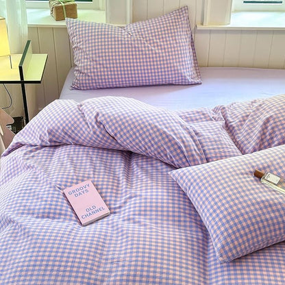 LifeTB Purple Plaid Bedding Set Full 100% Washed Cotton Purple Grid Duvet Cover with 2 Pillowcases Gingham Duvet Cover 3 Pieces Plaid Comforter Cover Breathable Grid Bedding Collection