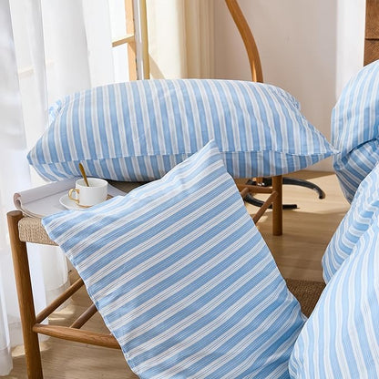 Merryword Blue and White Striped Duvet Cover Set Queen Size, 100% Cotton Linen Like Textured Bedding with Classic Vertical Stripes, Soft Lightweight Reversible Comforter Cover for All Seasons