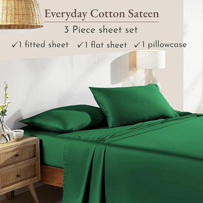 California Design Den Twin XL Bed Sheets Set - Natural 100% Cotton Sheets with 12" Pockets, Soft Sateen Weave, Breathable and Durable Bedding Set for Dorm Rooms, College (Emerald Green)