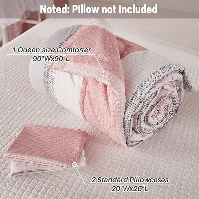 Litanika Pink Comforter Set Queen, 3 Pieces Blush White Colorblock Lightweight Bedding Comforter Set