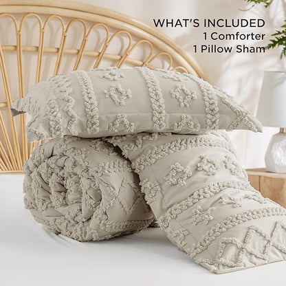 Bedsure Tufted Boho Comforter Set Twin Size - Linen Boho Bed Set, GentleSoft™ 2 Pieces Farmhouse Shabby Chic Embroidery Bedding, Gifts for Woman, Soft Jacquard Twin Comforter for All Seasons