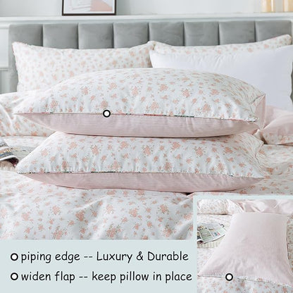 FADFAY Twin Duvet Cover Set Pink Floral Comforter Cover 100% Cotton Girls Pink White Flower Bedding Garden Style Blush Bedding for All Season Soft Set with 2 Pillowcases, Twin