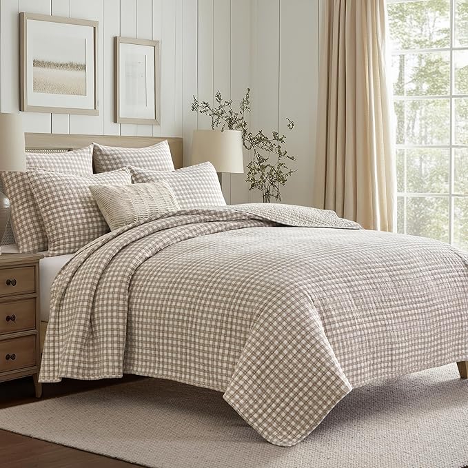 Levtex Home - Camden Gingham Stitch Taupe Quilt Set - Full/Queen Quilt (88x92in) and 2 Standard Shams (20x26in) - Textured Gingham - Taupe and Cream - Reversible - Cotton | Textured