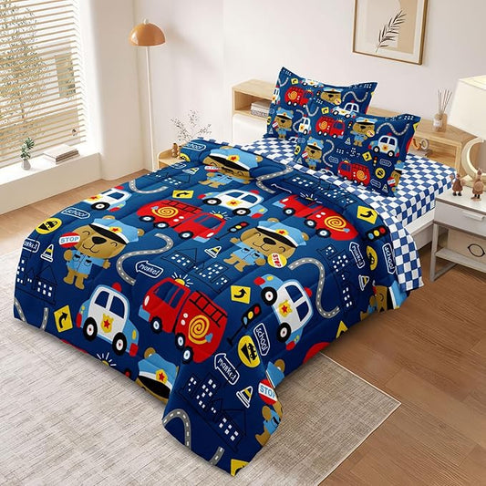 Kids Cop Car Comforter Set for Little Boys, Fire Truck Police Car Bedding Set, City Traffic Bedding Collection Include (1 Comforter, 2 Pillowcases, 1 Fitted Sheet, 1 Flat Sheet), Blue