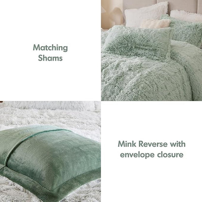 Intelligent Design King Comforter Set Fur-Like Shaggy Comforters for King Size Bed Warm, Fuzzy Bedding, All Season Luxurious Comforters King Size Bed Set, Malea, King/Cal King, Green/White 3 Piece