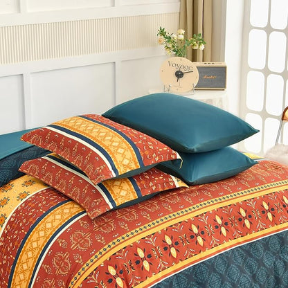 WONGS BEDDING Boho Comforter Set King Size,7 Pieces Bed in a Bag Bohemian Striped Bedding Set,Burnt Orange Paisley Floral Comfortet and Sheet Set,Soft Microfiber Bedding Sets for All Season