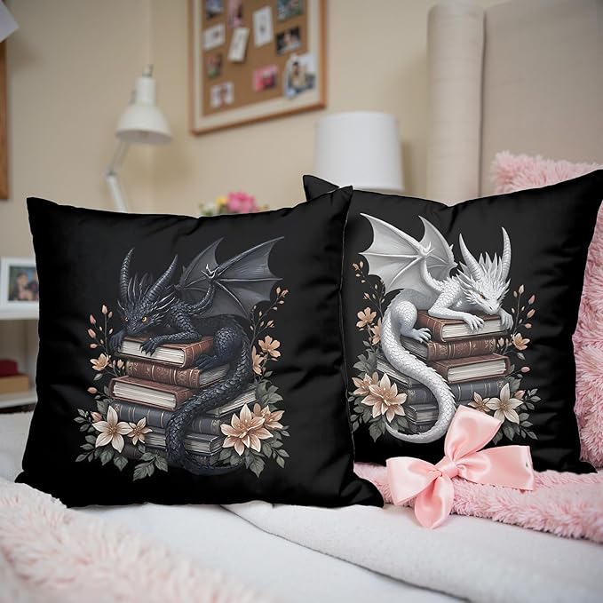 Vintage Magical Black White Dragon Reading Book Decor Throw Pillow Covers 18x18 Set of 2, Fantasy Room Decor for Kids, Gamers, and Bookworms,Reading Nook Decor, Gifts for Bookworm Readers(78)