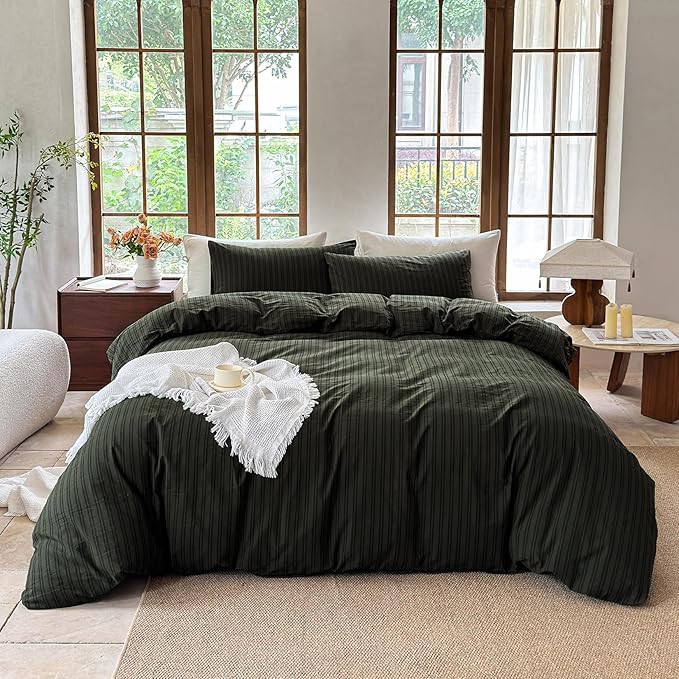 Striped Duvet Cover Set 100% Washed Cotton Linen Like Soft Feelling Breathable Bedding(Olive Green/Black Strip,King)