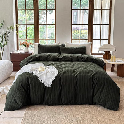 Striped Duvet Cover Set 100% Washed Cotton Linen Like Soft Feelling Breathable Bedding(Olive Green/Black Strip,King)