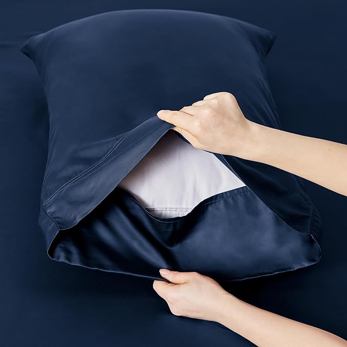 Bedsure Cooling Sheets Twin XL, Rayon Derived from Bamboo, PureWoven, Breathable & Soft Twin XL Sheet Sets, Deep Pocket Up to 16 Inches, Hotel Luxury Silky Dorm Bedding for Hot Sleepers, Navy