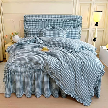 LifeTB Queen Comforter Set Blue Gingham Comforter Vintage Ruffle Plaid Checkered Pattern Comforter Set Queen Fluffy Soft Gingham Bedding Set Farmhouse Plaid Grid Bed Comforter with 2 Pillowcases