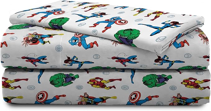 Jay Franco Kids Sheet Set with Fitted, Flat Sheets & Pillow Cover - Ultra-Soft Bedding with Pillowcase for Room Decor, White - Avengers, 3 Piece Twin