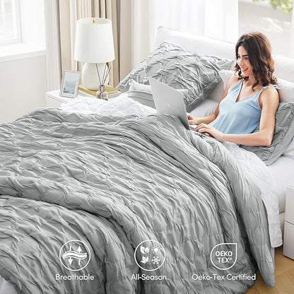 Comfort Spaces Twin/Twin XL Comforter Set for College Ogee Ruched Crinkle Texture Breathable Comforter Set Twin Dorm All Season Lightweight Bedding Set Shabby Chic Décor Pilow Grey 3 Piece