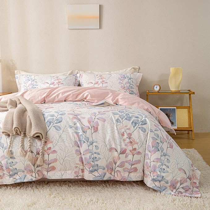 OAITE Duvet Cover Set Queen Size Floral Pattern Ultra Soft 100% Cotton Duvet Cover Sets 3-PC, Breathable Duvet Cover with Zipper Closure & Corner Ties(2 Pillow Shams,1 Duvet Cover)