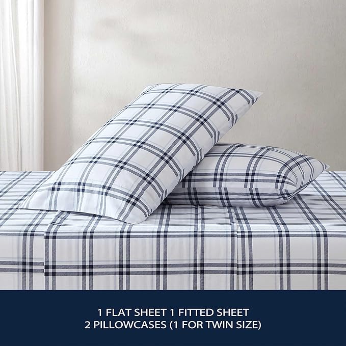 Nautica - Queen Bed Sheets, Lightweight Cotton Percale Bedding Set with Matching Pillowcases, Crisp & Cool, Oeko-Tex Certified (Ryan Cove Plaid Blue)