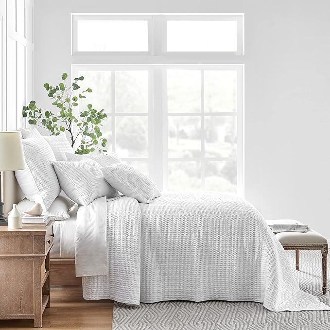 Levtex Home Mills Waffle Full Bedspread Set (100x104in) with 2 Pillow Shams (26x20in) - Bright White - 100% Cotton Full Size Bedspread Set - Lightweight, Soft, Pre-Washed