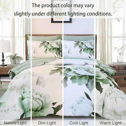 Dobuyly Green Comforter Set King Size 7 Piece Bed in a Bag King, Sage Green Floral Printed Comforter Set with Sheets, Soft Microfiber Botanical Flower Complete Bedding Set for All Season