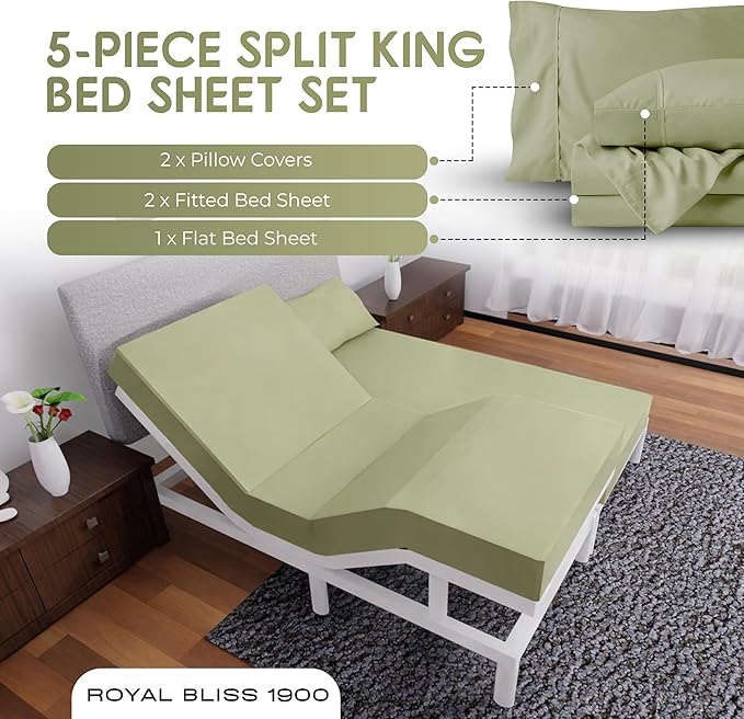 Split King Sheets Set with 2 Twin XL Fitted Sheet - 5 Piece Bedding - Wrinkle Free, Fade Resistant, Double Brushed Microfiber - Deep Pockets/Easy Fit (Sage)