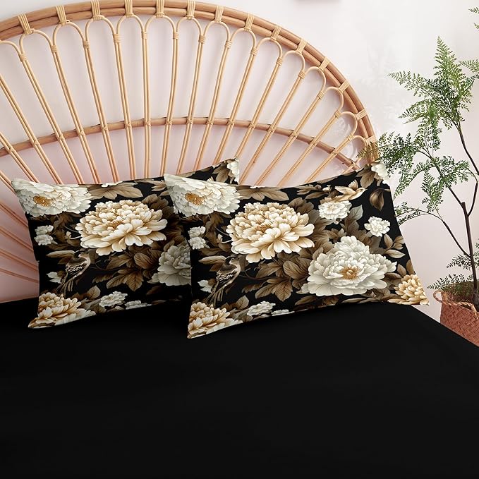 New Chinese Luxury Bedding Set Full Size, Black Peony & Bird Print Lightweight Comforter, Elegant Oriental Bedroom Decor with 2 Pillowcases/79 * 90