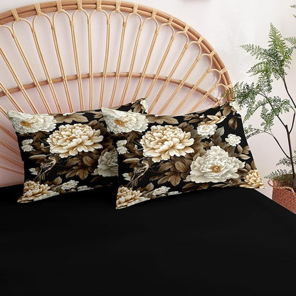 New Chinese Luxury Bedding Set Full Size, Black Peony & Bird Print Lightweight Comforter, Elegant Oriental Bedroom Decor with 2 Pillowcases/79 * 90