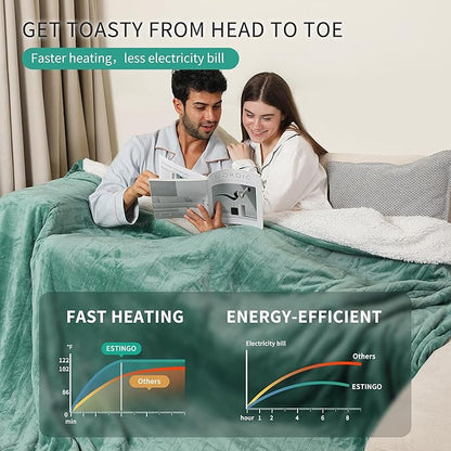 ESTINGO Electric Blanket Queen, Dual Control Heated Electric Blanket Queen Size, Machine Washable Plush Heated Blanket with Timer 5 Heating Levels &10 Hours Auto Off, 84" x 90", Forest Green