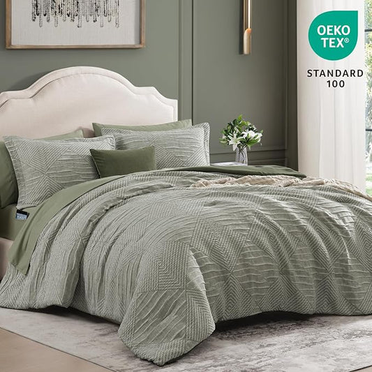 MaiRêve Full Size Comforter Set Crinkle Textured, Light Olive Green Diamond Boho Bedding Set 7 Pieces Bed in A Bag, All Season Geometric Comforter Set with Sheets, Pillowcases & Shams