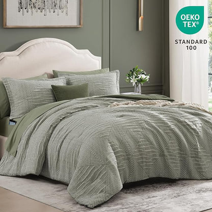 MaiRêve King Comforter Set Crinkle Textured, Light Olive Green Diamond Boho Bedding Set 7 Pieces Bed in A Bag, All Season Geometric Comforter Set with Sheets, Pillowcases & Shams