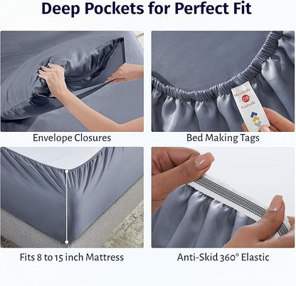 California Design Den Bed Sheets Full Size Set - Certified 100% Egyptian Cotton Percale Sheets Full Size with Deep Pockets, Lightweight, Crisp and Durable Luxury Bedding Set - Mineral Blue (Grey Tone)