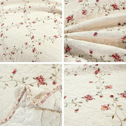 vctops 3-Piece Floral Embroidered Bedspread Coverlet Set Oversize Queen 100% Cotton Reversible Patchwork 1 Quilt and 2 Pillow Shams (Flower,Oversize Queen)