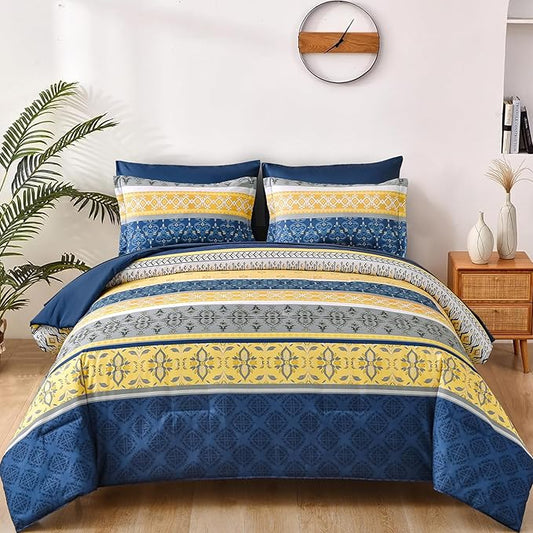 WONGS BEDDING Boho Comforter Set King, 7 Pieces Navy Blue and Yellow Comforter Set Bohemian Bed in A Bag Striped Paisley Floral Comforter and Sheet Set Soft Microfiber Bedding Set for All Season