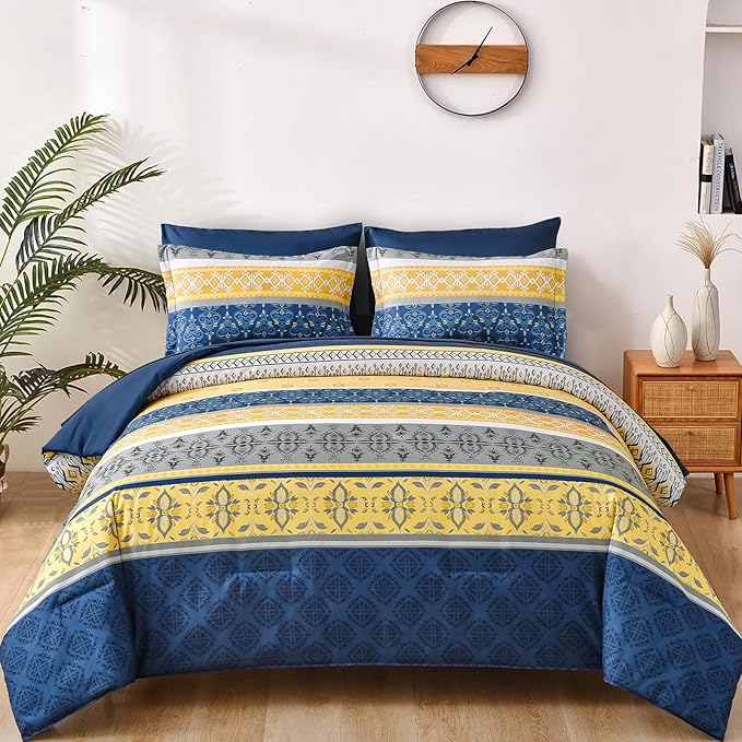 WONGS BEDDING Boho Comforters Set Queen, 7 Pieces Navy Blue and Yellow Comforter Sets Bohemian Bed in a Bag Striped Comforter Set Soft Microfiber Paisley Floral Comforter and Sheet Set for All Season