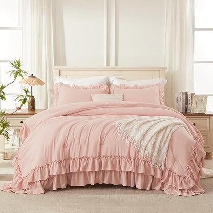 Andency Blush Full Size Comforter Set, Shabby Chic Bedding Comforter Set for All Seasons, 3 Pieces Lightweight Soft Western Modern Bed Set for Women Girls