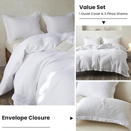 Simple&Opulence 100% Linen Duvet Cover Set with Crossed Embroidery Washed - 3 Pieces (1 Duvet Cover with 2 Pillow Shams) Soft Breathable Farmhouse - White, Queen Size