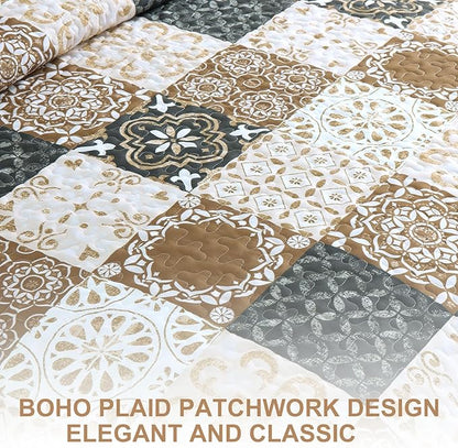 Dobuyly Brown Quilt Set King Size, Boho Plaid Patchwork Bedspreads Coverlet Set, 3 Pieces Soft Lightweight Microfiber Quilt Bedding Set for All Seasons 110"x90"