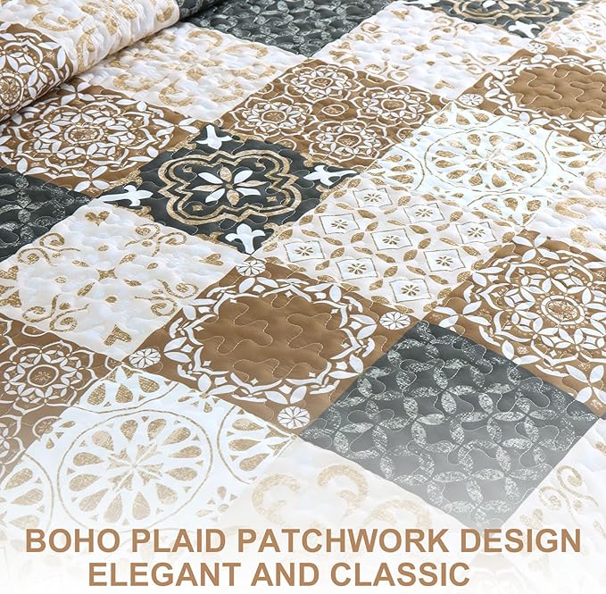 Dobuyly Brown Quilt Set Full Size, Boho Plaid Patchwork Bedspreads Coverlet Set, 3 Pieces Soft Lightweight Microfiber Fall Quilt Bedding Set for All Seasons 78"x90"