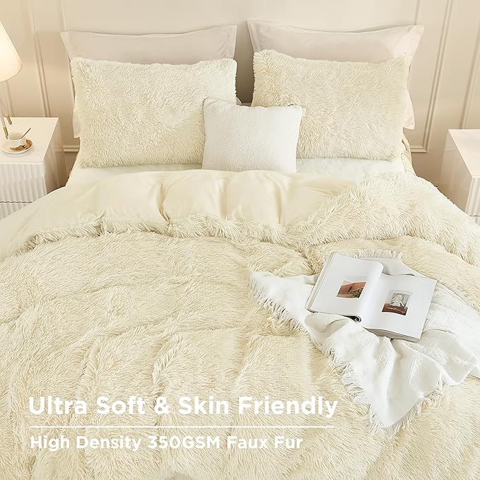 Andency Faux Fur Beige Comforter Set King Size, 3 Pieces Fluffy Fuzzy Plush Bedding Comforter Set (1 Shaggy Velvet Comforter & 2 Pillowcases), Soft Puffy Comfy Down Alternative Comforter Bedding Set